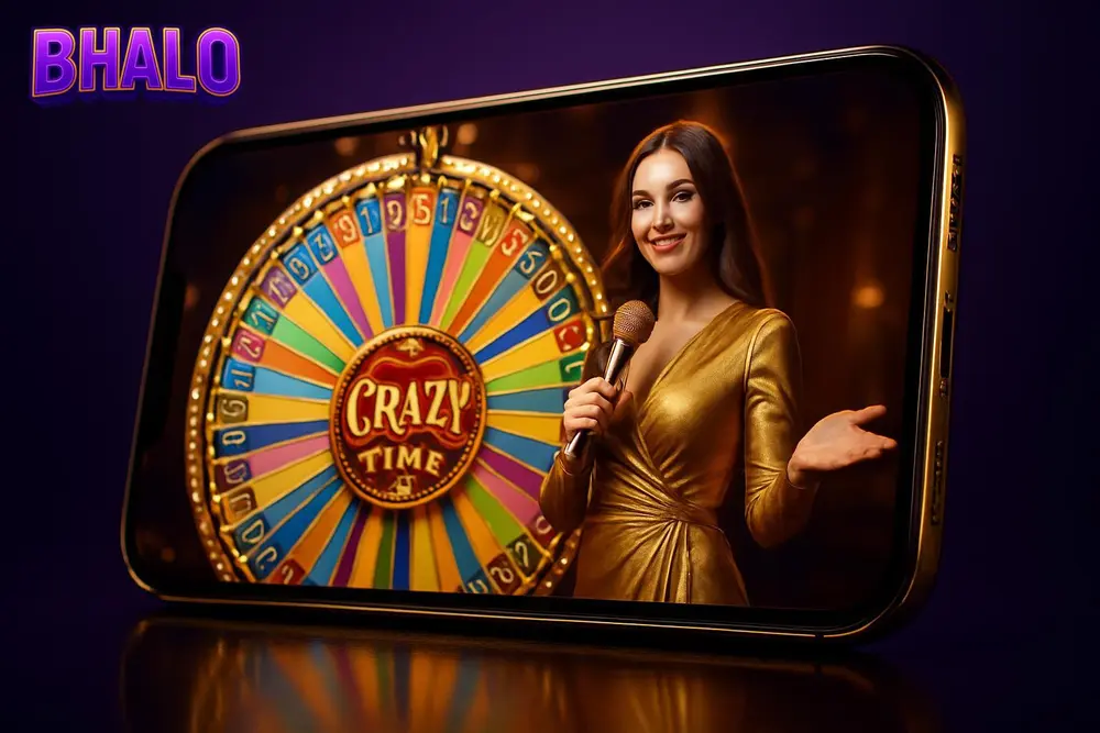 BHALO Crazy Time — a smartphone screen showing a bright live wheel casino show