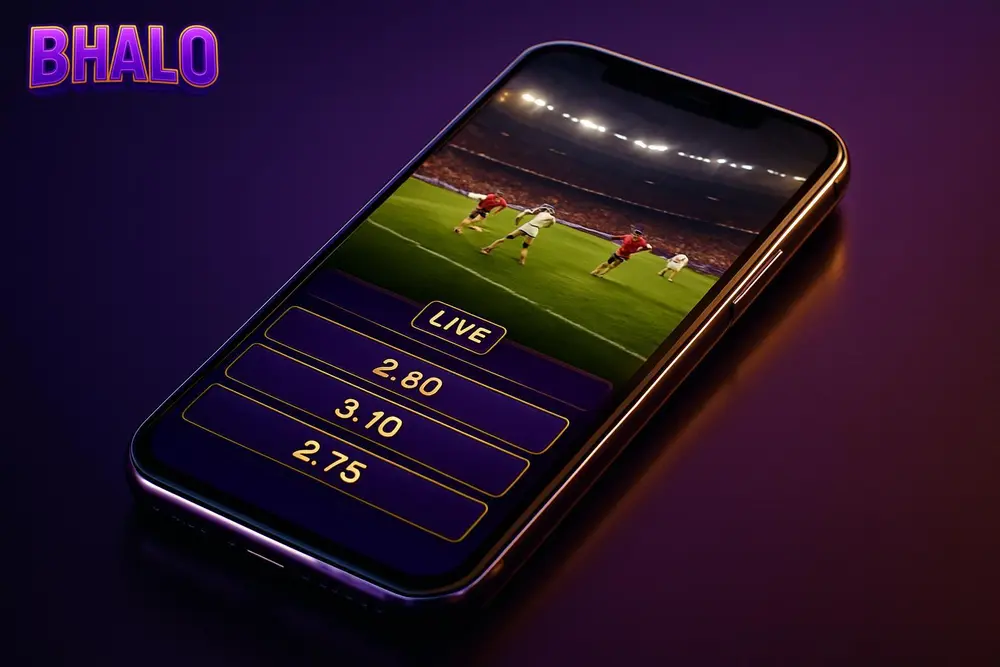 BHALO football betting โ a smartphone displaying a live football match betting odds screen BHALO football betting โ a smartphone displaying a live football match betting odds screen