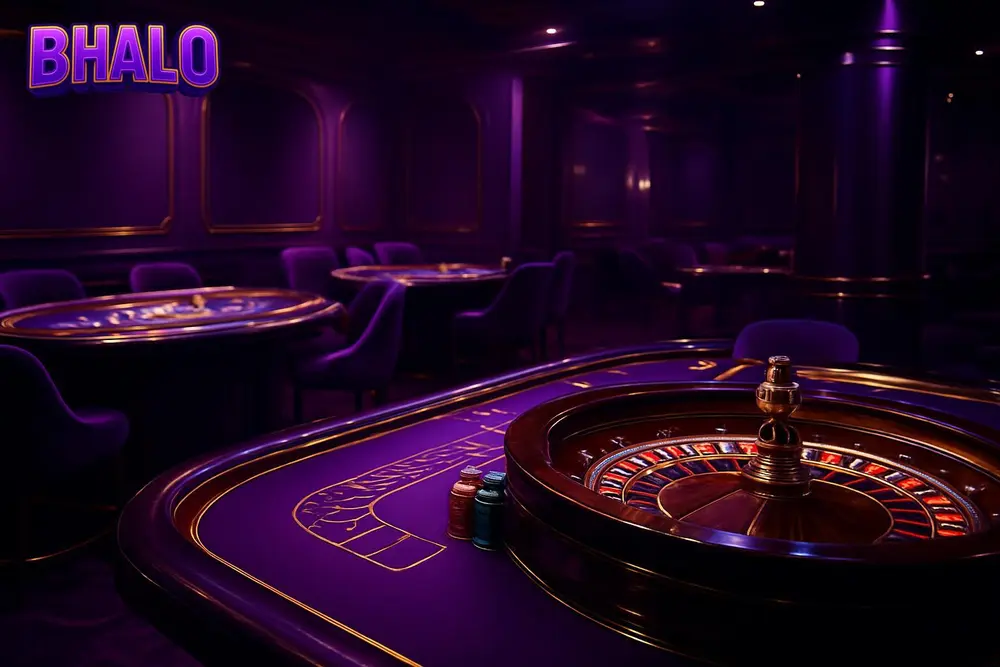BHALO Bangladesh โ a purple and white themed casino lounge with glowing game tables BHALO Bangladesh โ a purple and white themed casino lounge with glowing game tables
